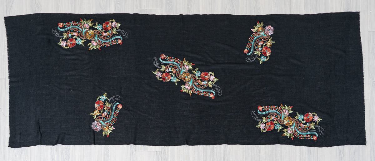 Midnight Whispers Fine Merino Wool Scarf with Colorful Aari Hand Embroidered Paisleys