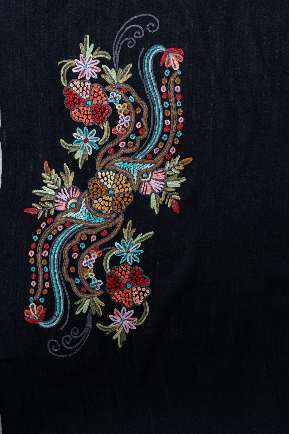 Midnight Whispers Fine Merino Wool Scarf with Colorful Aari Hand Embroidered Paisleys