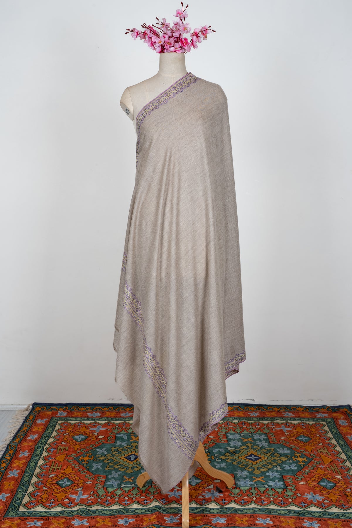 2.5 Yards Pure Pashmina Hand Embroidered Shawl: Ivory Lilac Grace