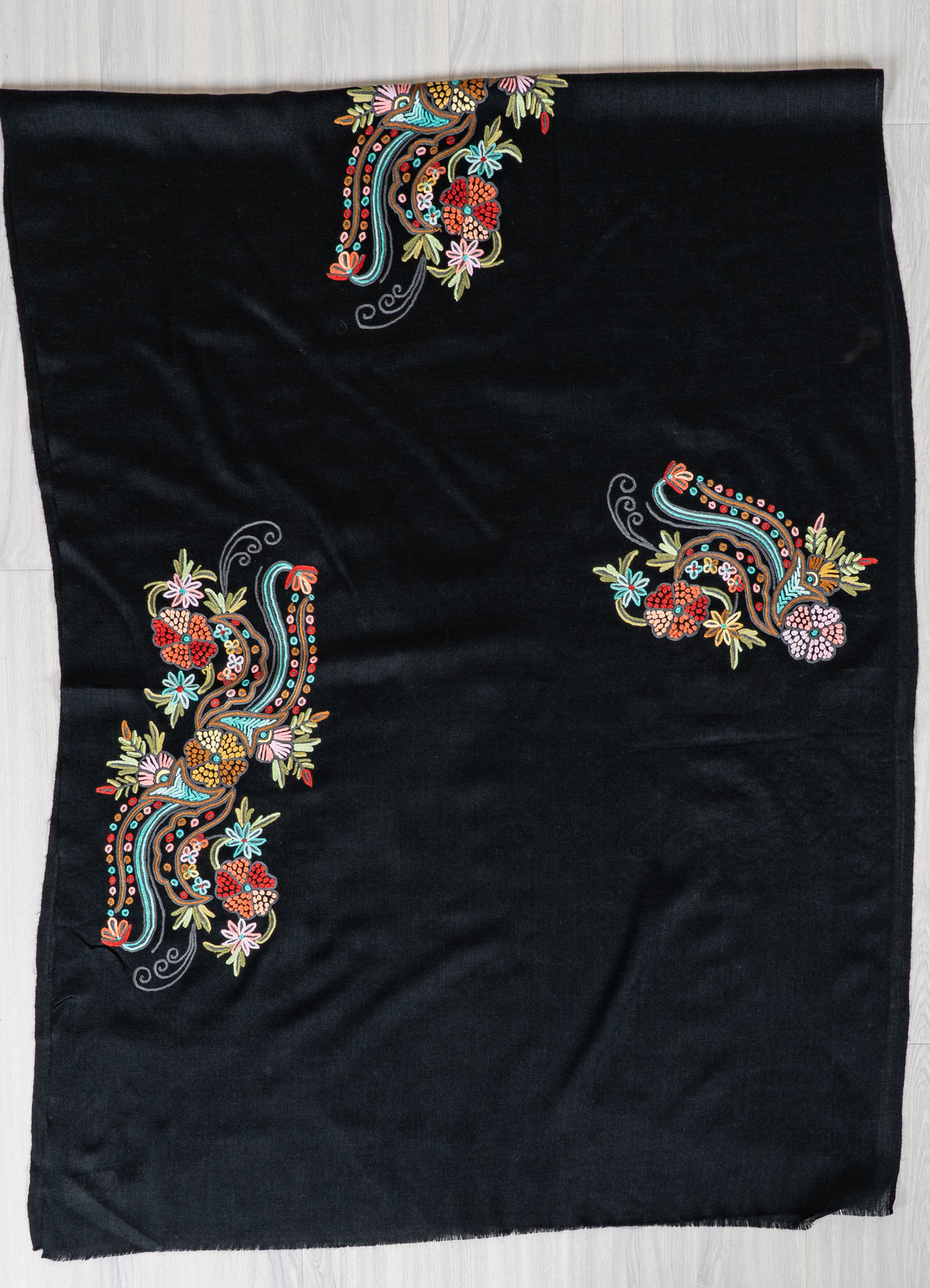 Midnight Whispers Fine Merino Wool Scarf with Colorful Aari Hand Embroidered Paisleys