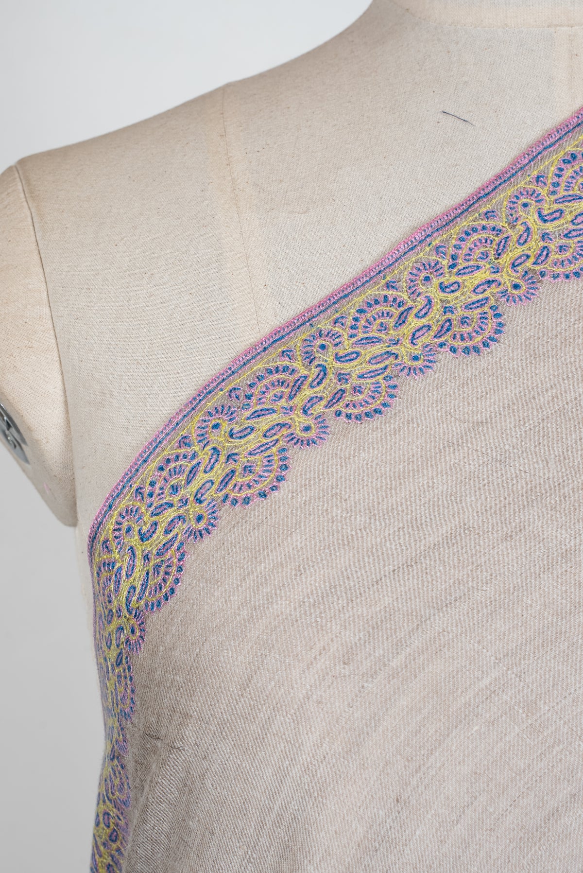 2.5 Yards Pure Pashmina Hand Embroidered Shawl: Ivory Lilac Grace