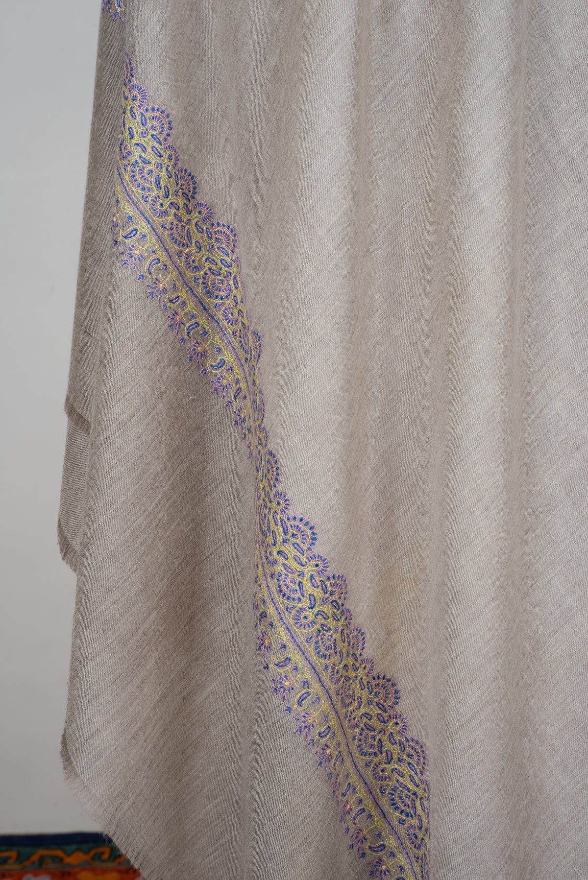 2.5 Yards Pure Pashmina Hand Embroidered Shawl: Ivory Lilac Grace