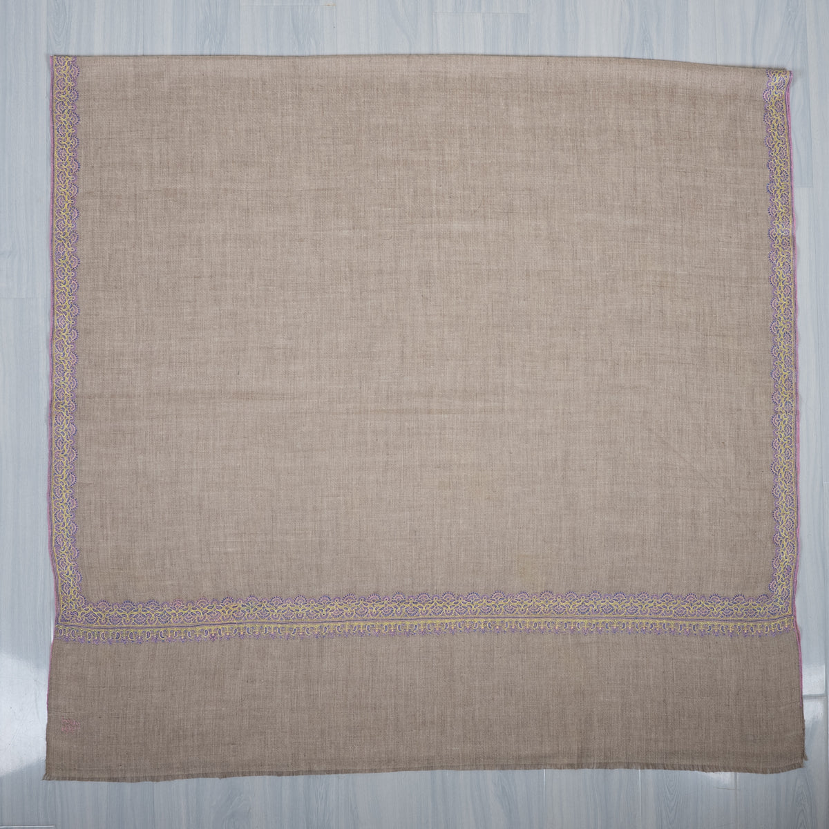 2.5 Yards Pure Pashmina Hand Embroidered Shawl: Ivory Lilac Grace