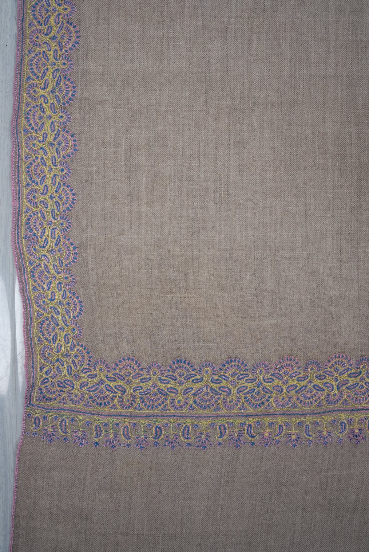 2.5 Yards Pure Pashmina Hand Embroidered Shawl: Ivory Lilac Grace
