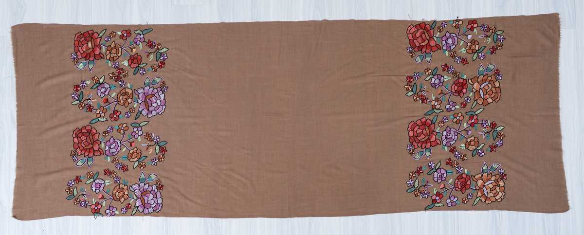 Autumn Bloom Fine Merino Wool scarf with Vibrant Aari Hand Embroidered Flowers