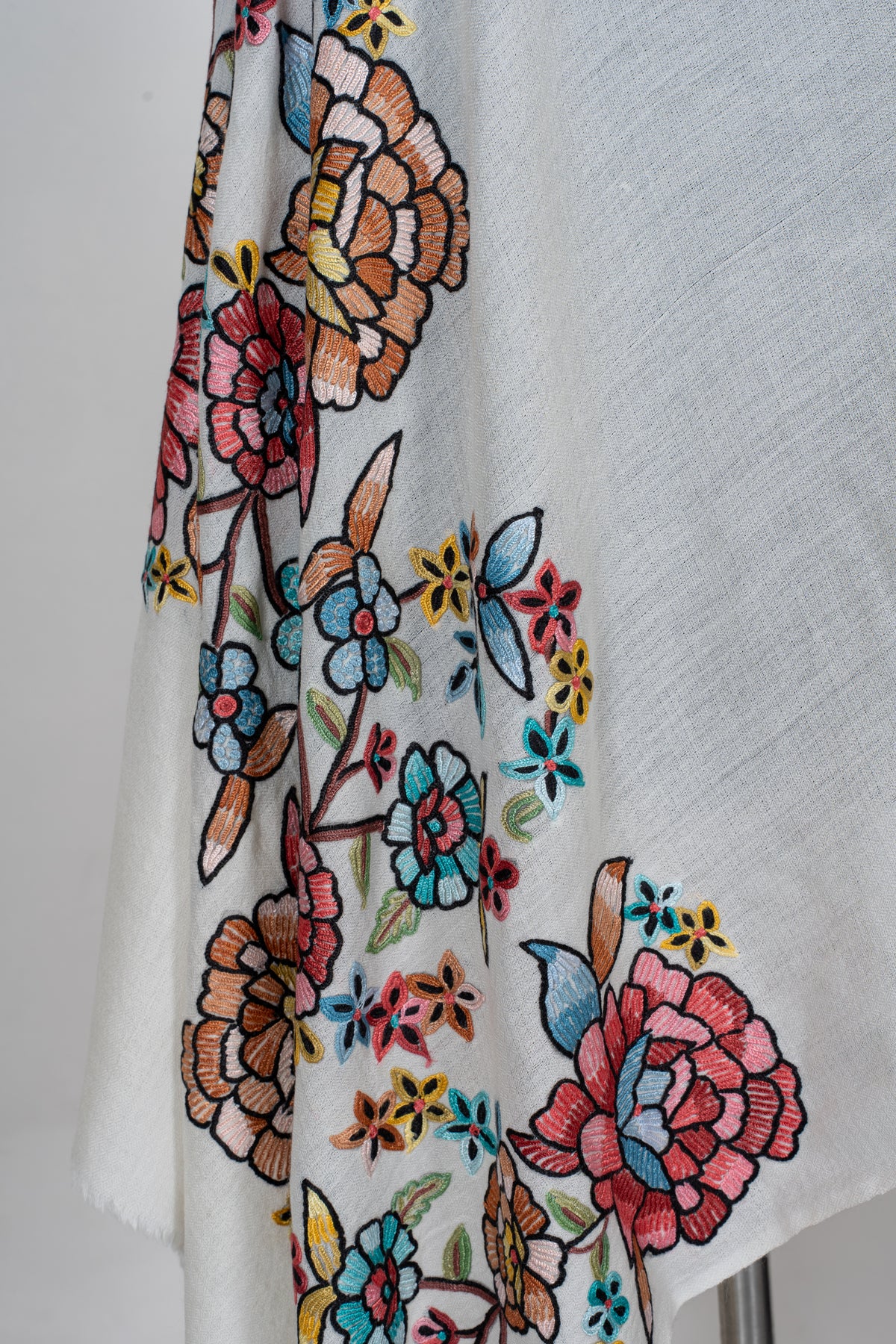 Ivory Spring Garden Fine Merino Wool Scarf with Aari Hand Embroidered Floral Blossoms