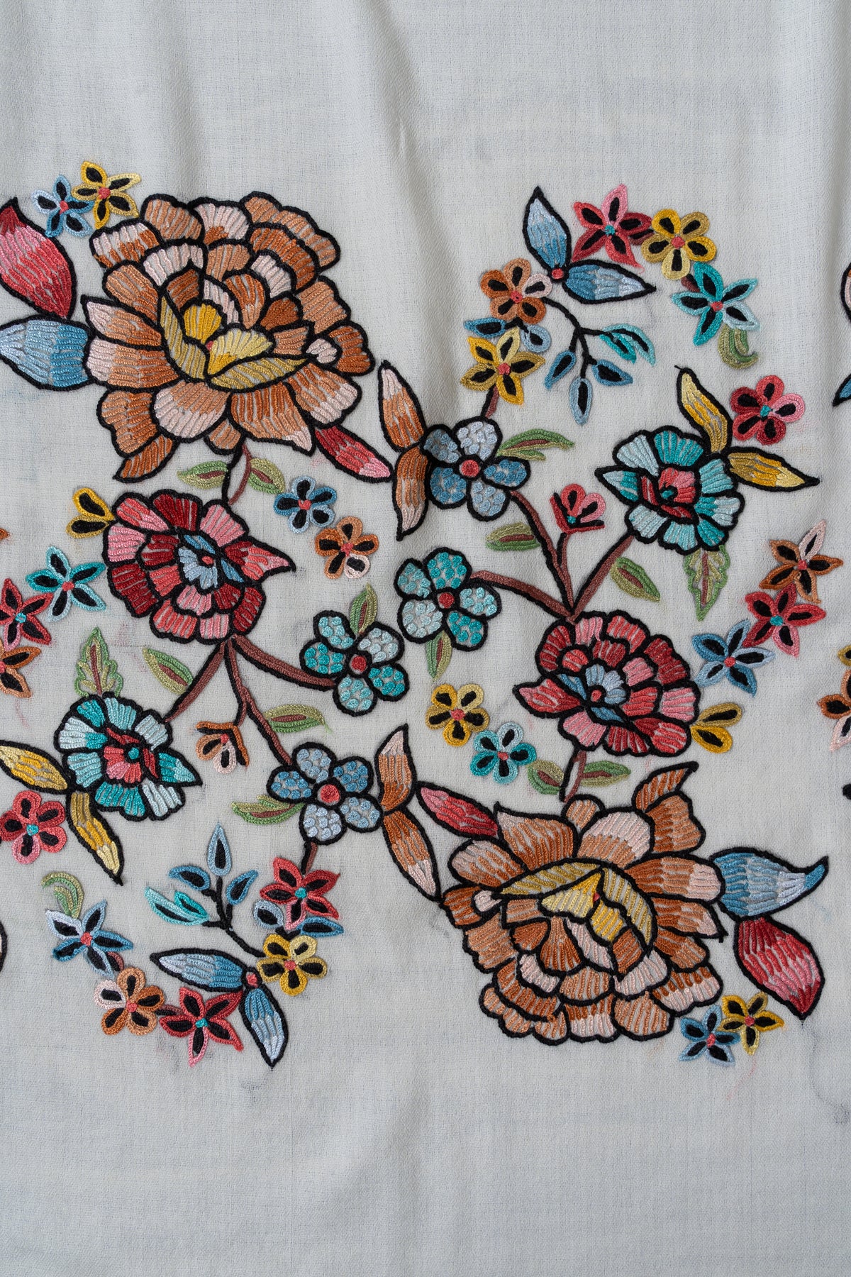 Ivory Spring Garden Fine Merino Wool Scarf with Aari Hand Embroidered Floral Blossoms