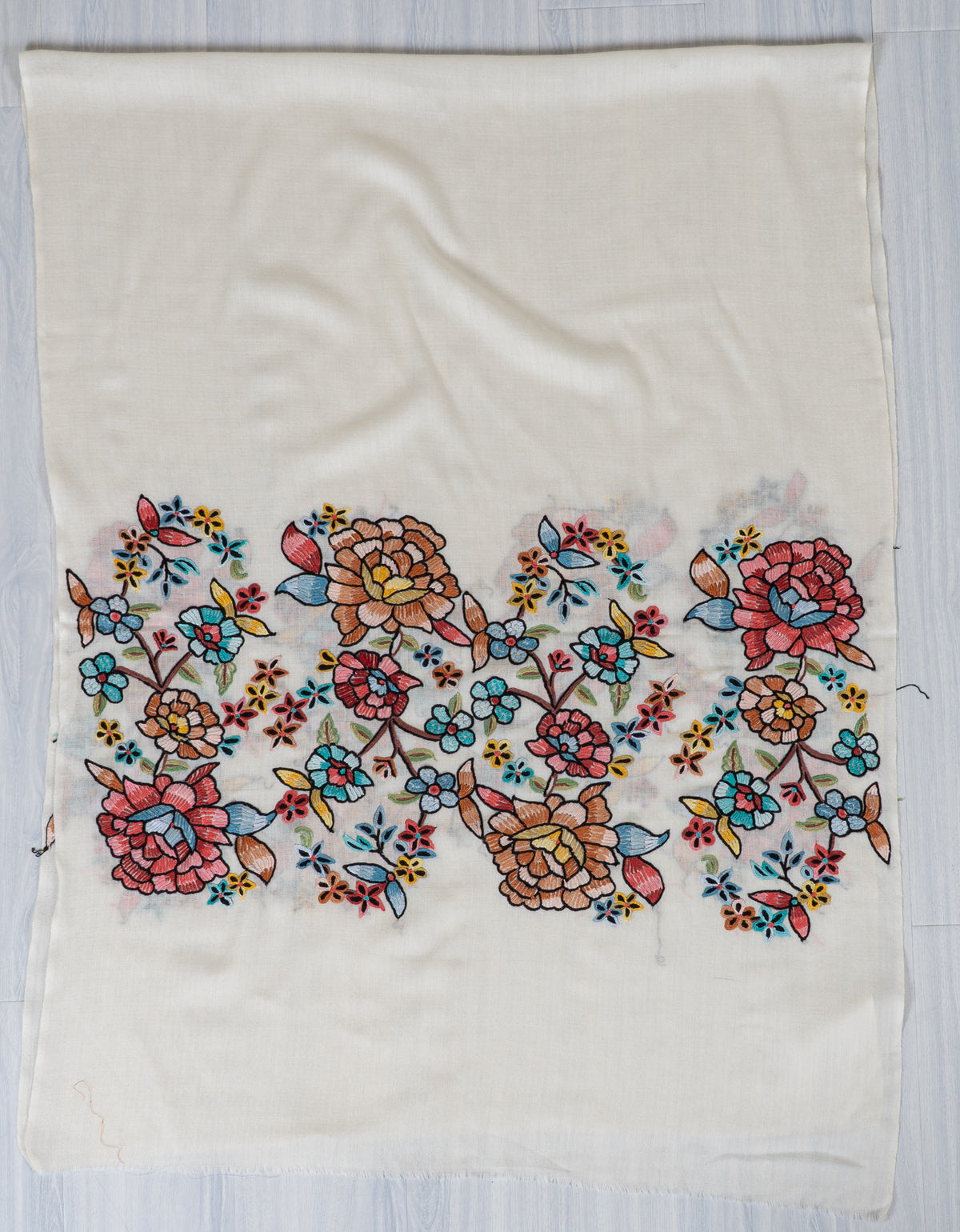 Ivory Spring Garden Fine Merino Wool Scarf with Aari Hand Embroidered Floral Blossoms