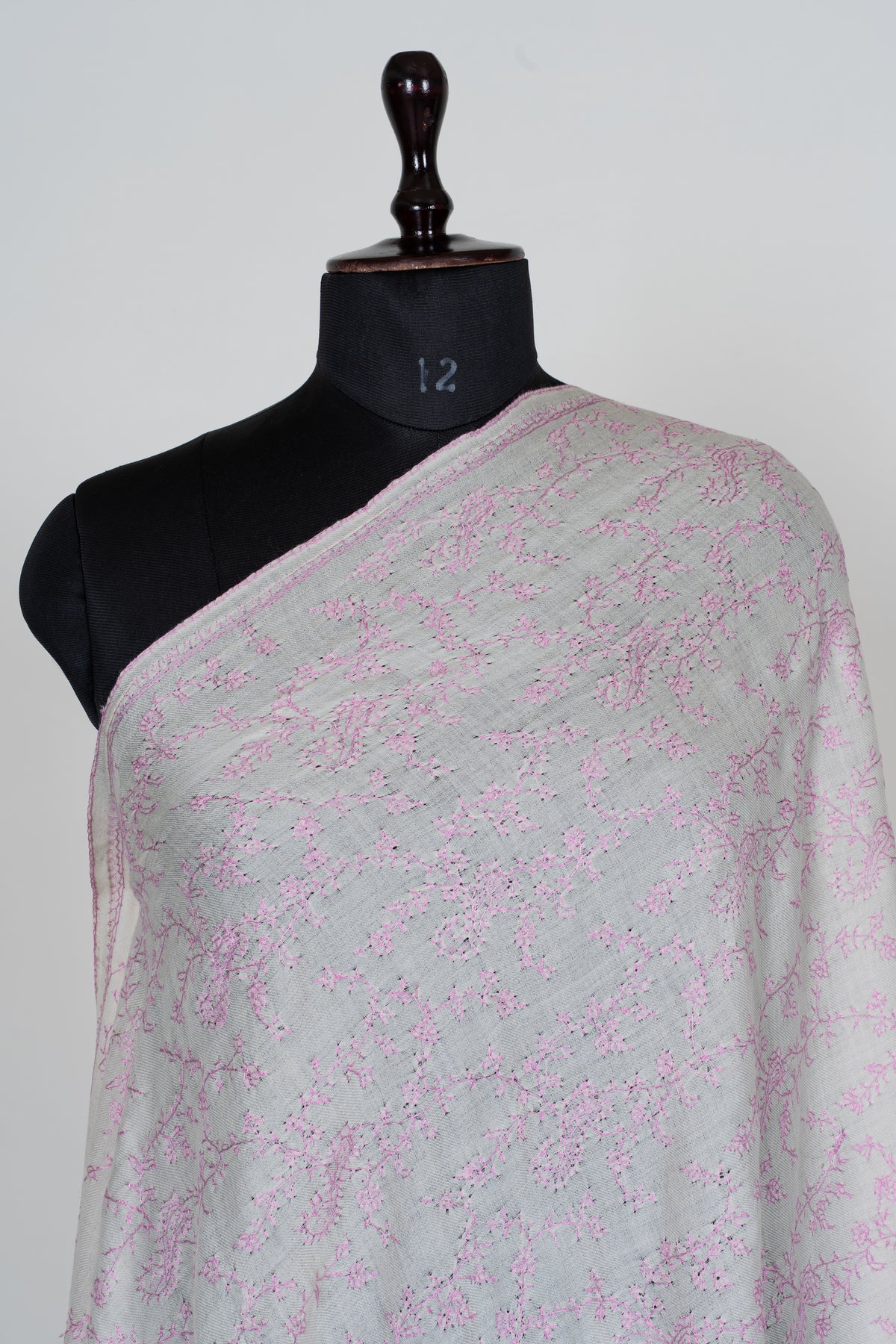 Blush Enchantment Fine Merino Wool Shawl with Delicate Pink Sozni Hand Embroidered Vines