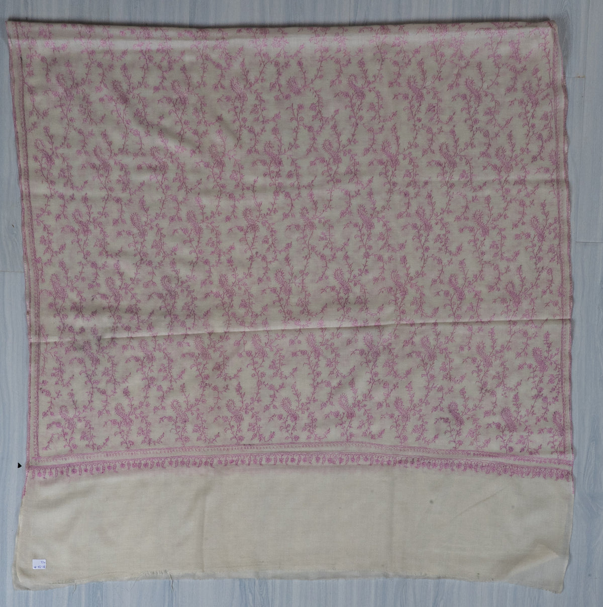 Blush Enchantment Fine Merino Wool Shawl with Delicate Pink Sozni Hand Embroidered Vines