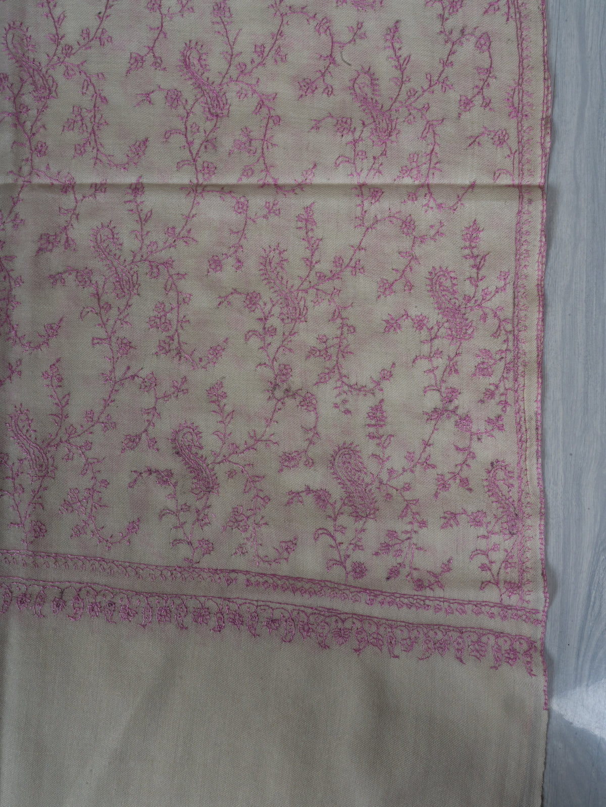 Blush Enchantment Fine Merino Wool Shawl with Delicate Pink Sozni Hand Embroidered Vines