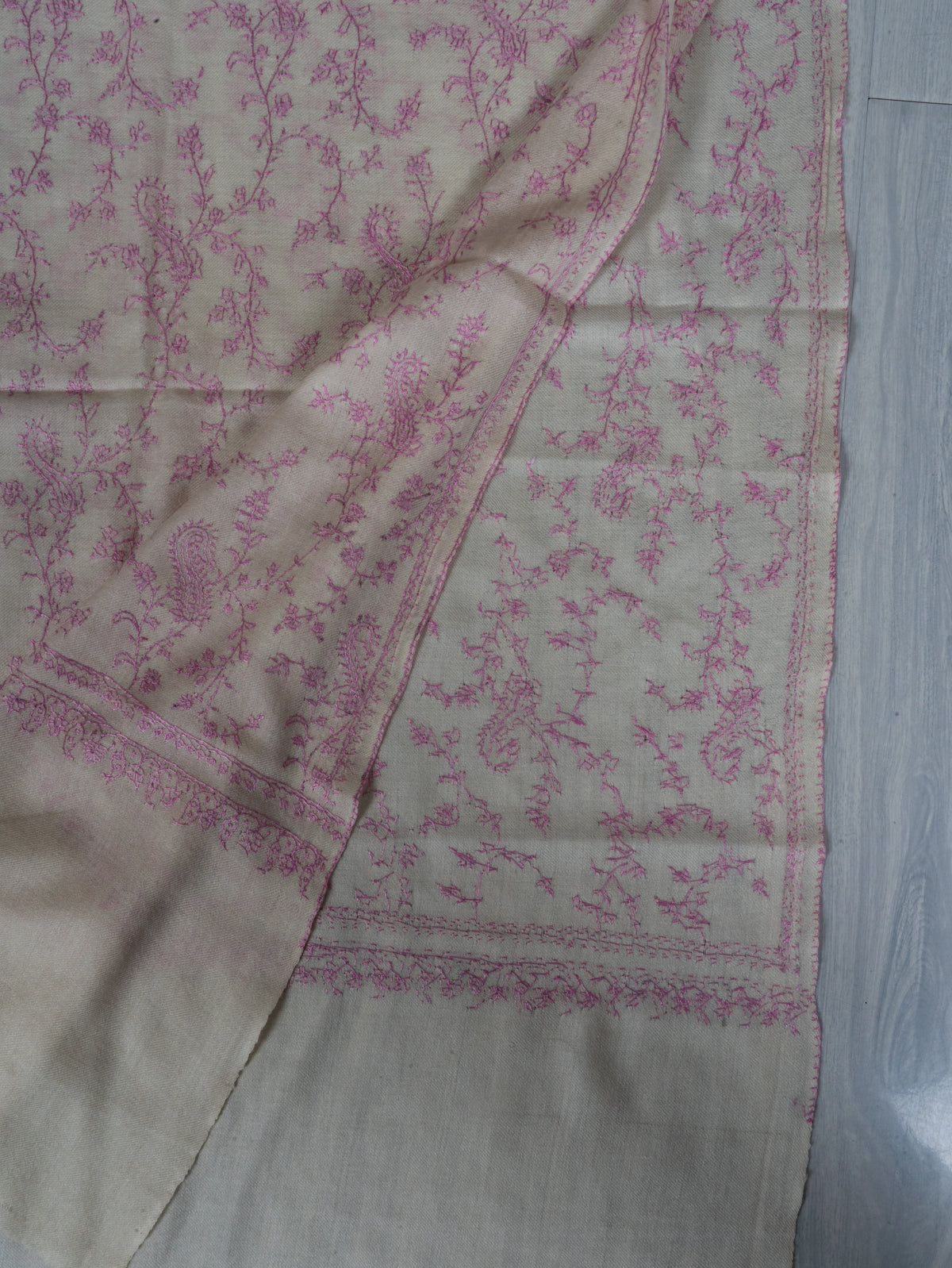 Blush Enchantment Fine Merino Wool Shawl with Delicate Pink Sozni Hand Embroidered Vines