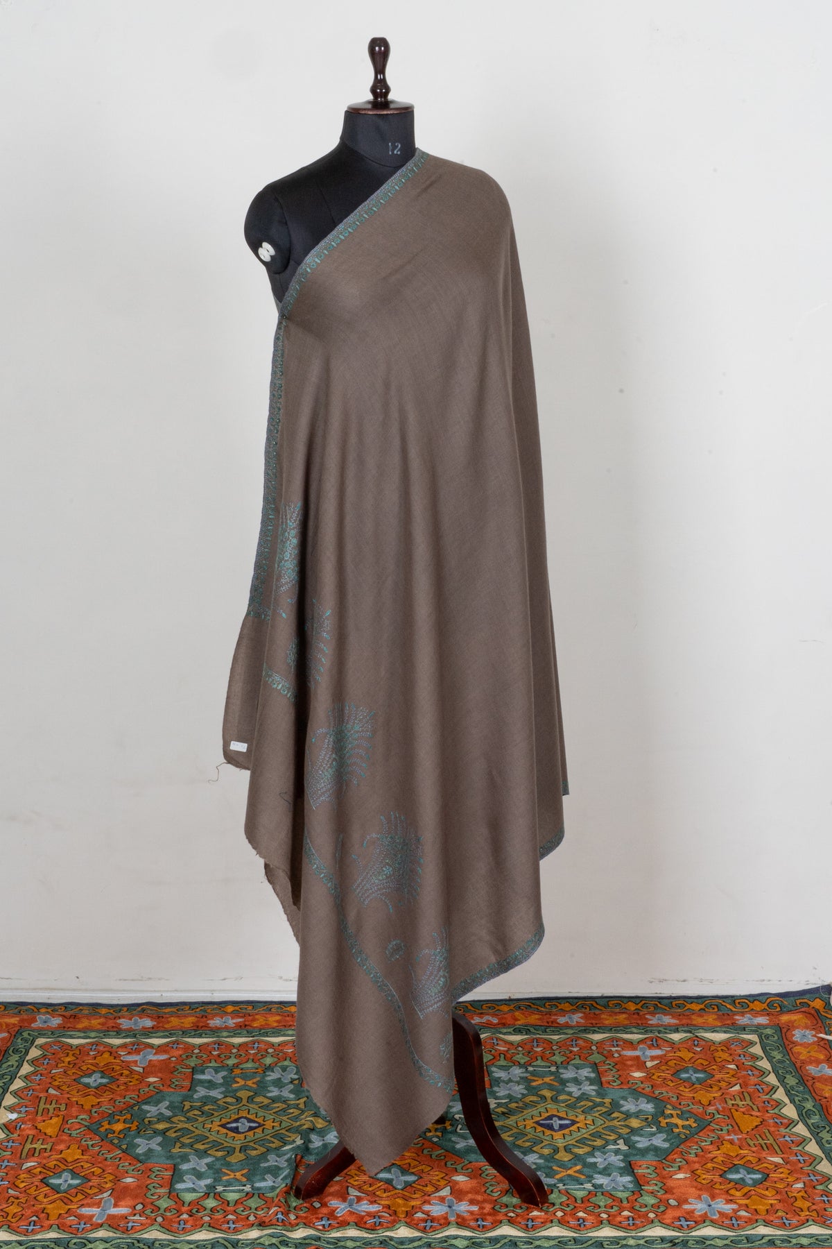 Earth and Turquoise Fine Merino Wool Shawl with Sozni Hand Embroidered Botanical Accents