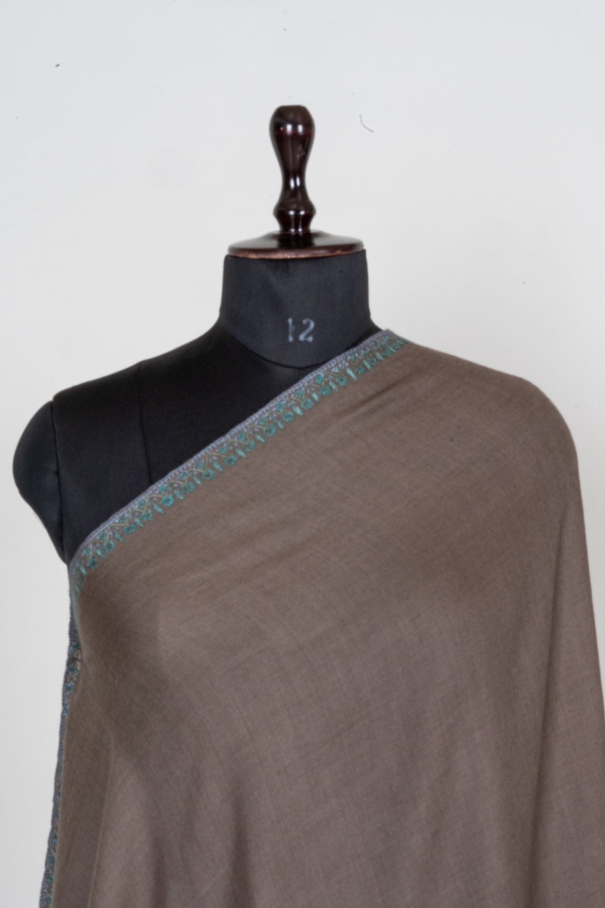 Earth and Turquoise Fine Merino Wool Shawl with Sozni Hand Embroidered Botanical Accents