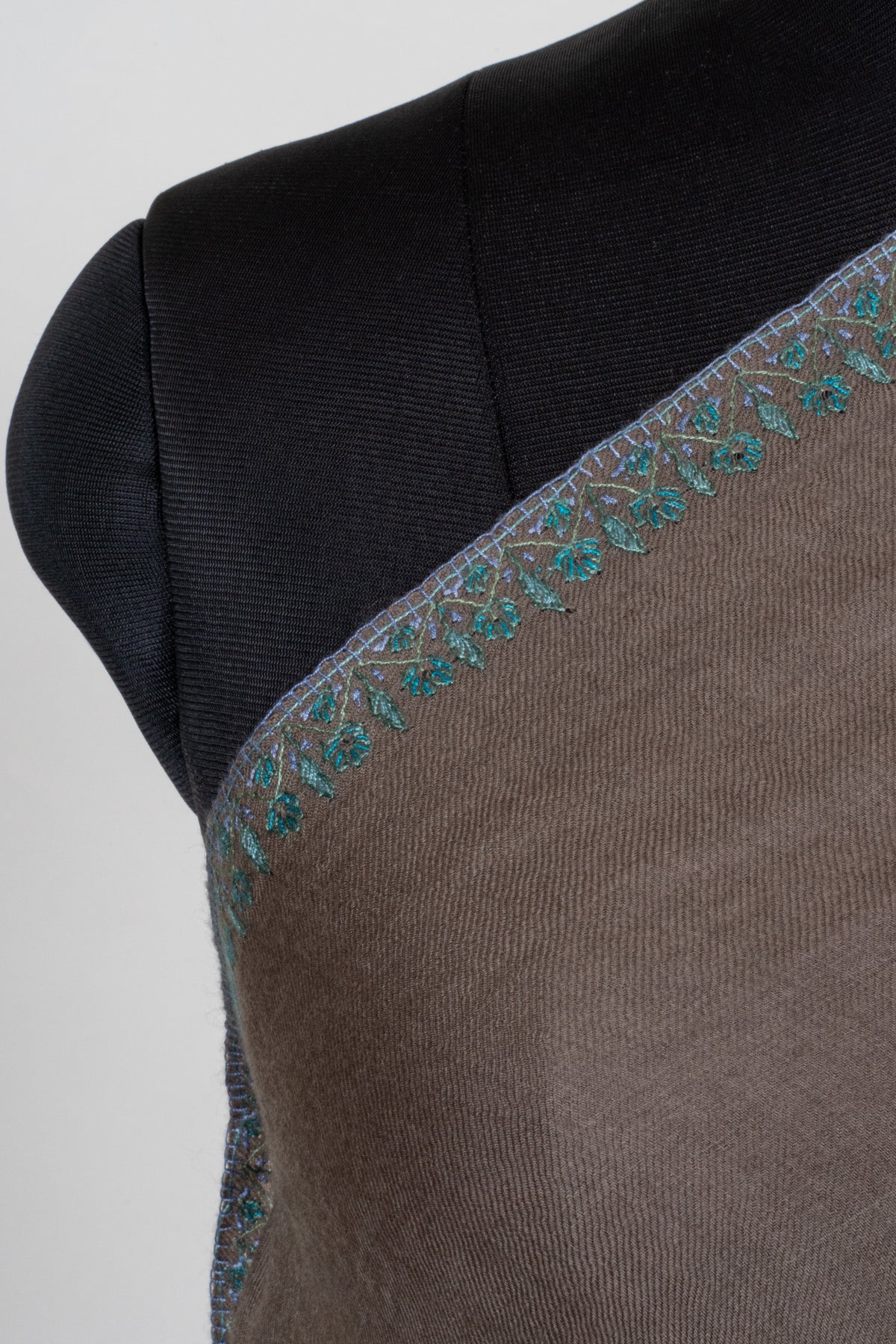 Earth and Turquoise Fine Merino Wool Shawl with Sozni Hand Embroidered Botanical Accents