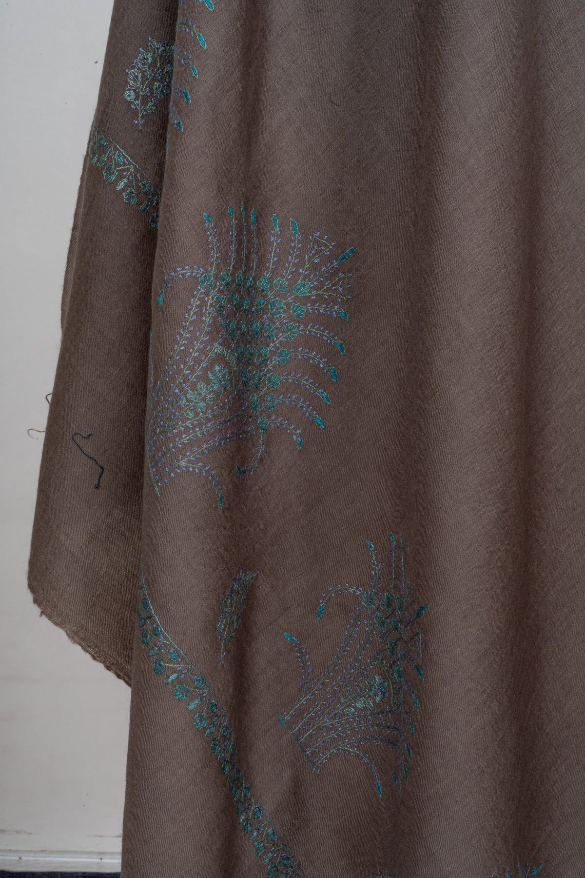 Earth and Turquoise Fine Merino Wool Shawl with Sozni Hand Embroidered Botanical Accents