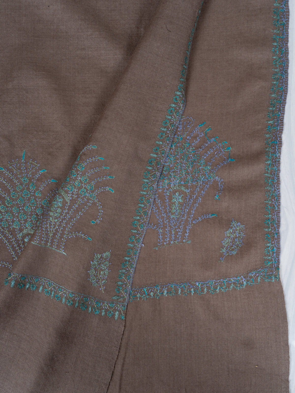 Earth and Turquoise Fine Merino Wool Shawl with Sozni Hand Embroidered Botanical Accents