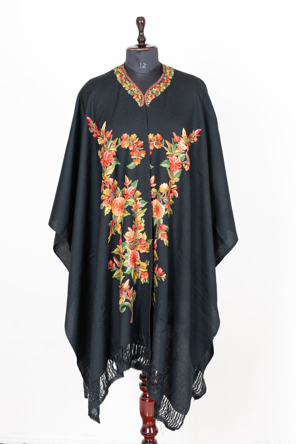 Hand Embroidered Open Front Shawl/Cape with Cascading Floral Garland
