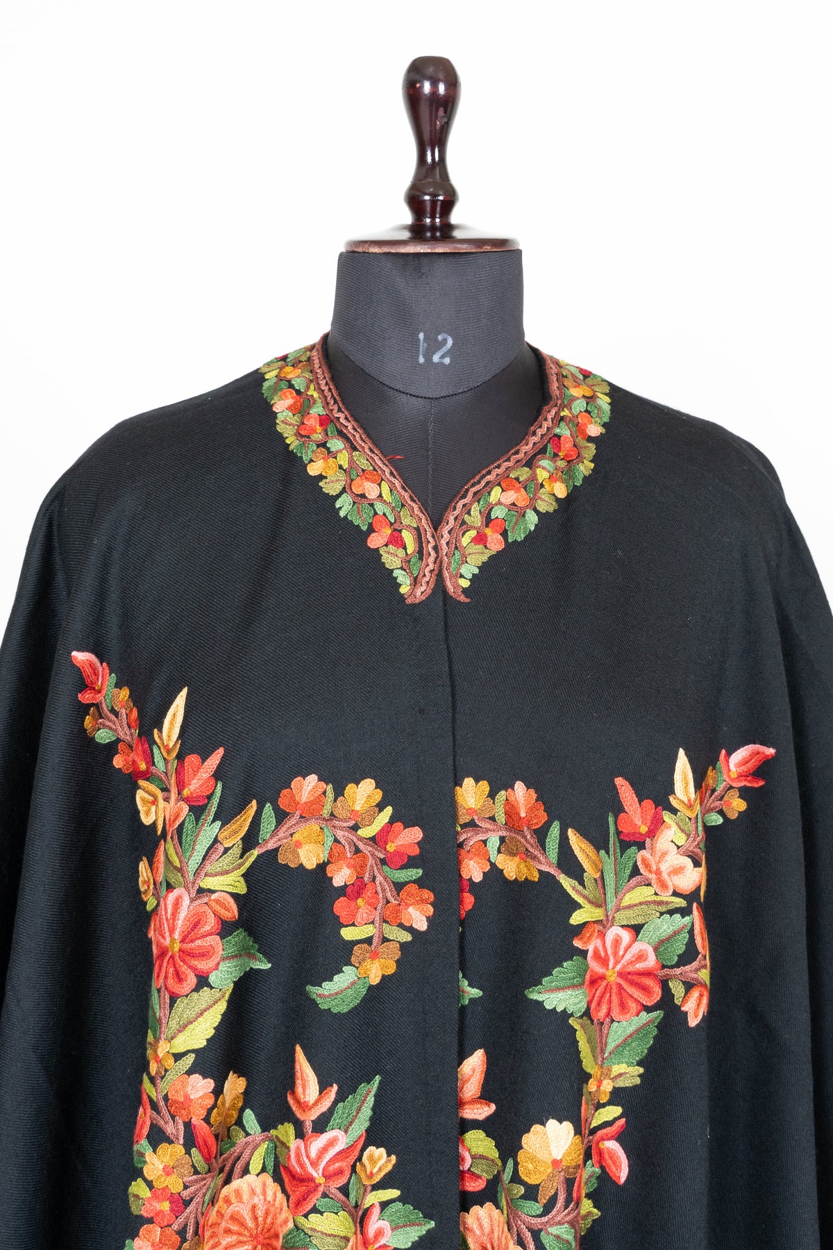 Hand Embroidered Open Front Shawl/Cape with Cascading Floral Garland