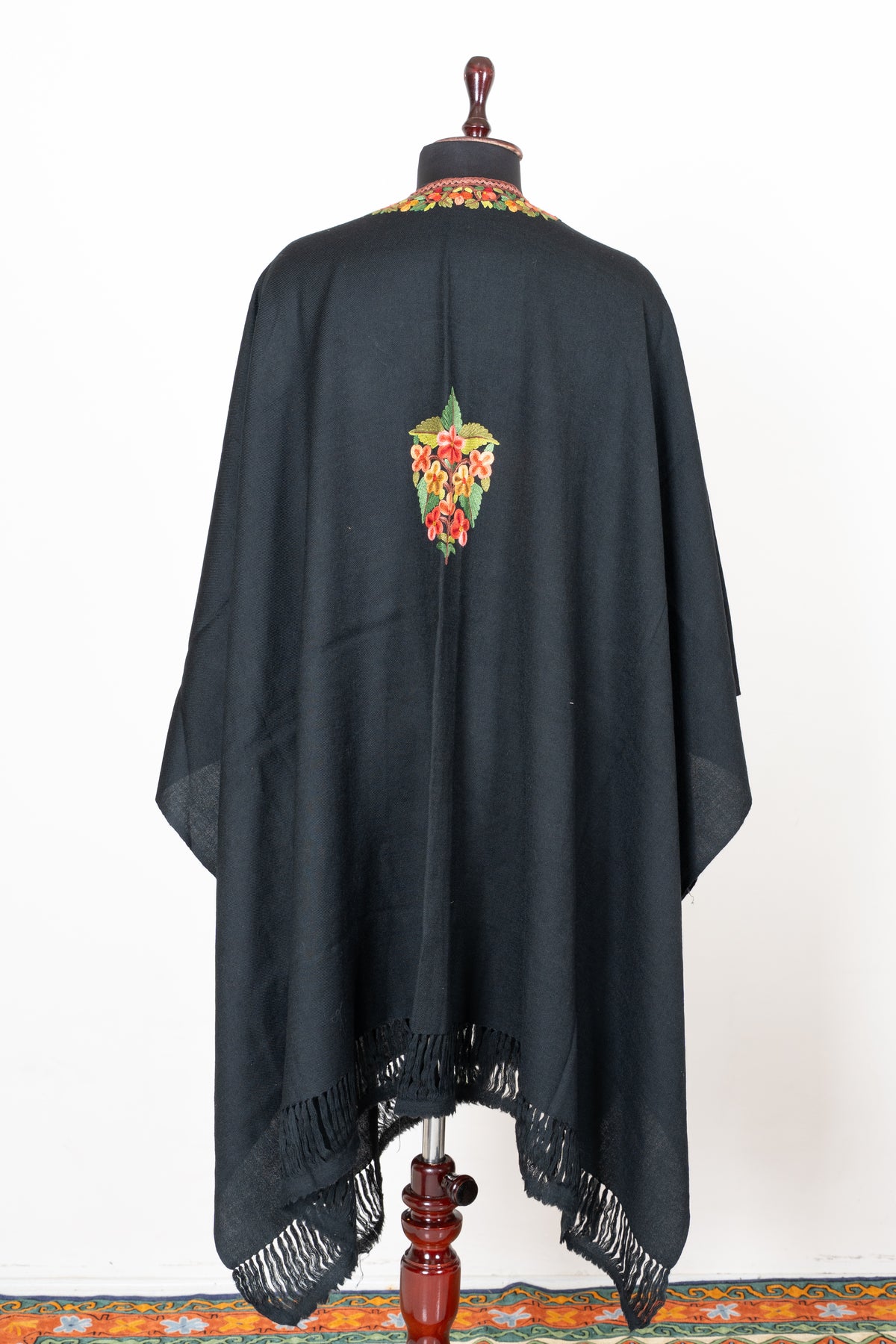 Hand Embroidered Open Front Shawl/Cape with Cascading Floral Garland