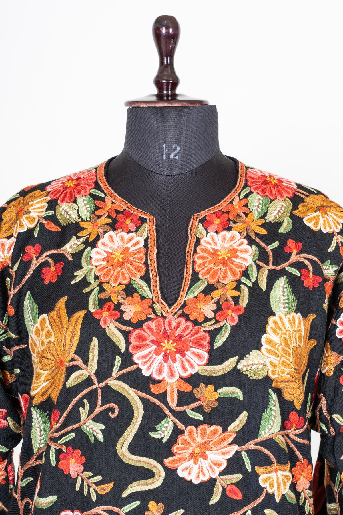 Midnight Floral Garden: Aari Hand Embroidered Fine Merino Wool Pheran