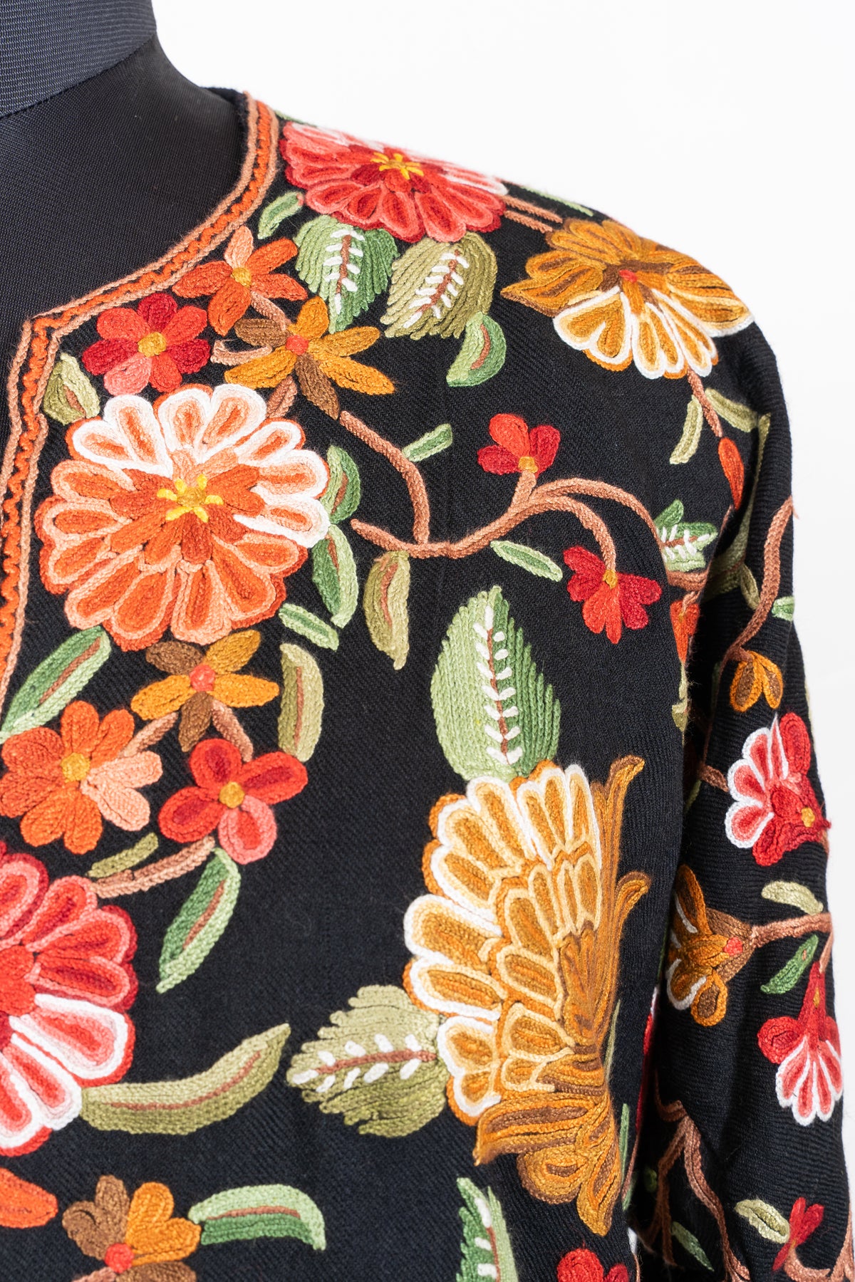 Midnight Floral Garden: Aari Hand Embroidered Fine Merino Wool Pheran