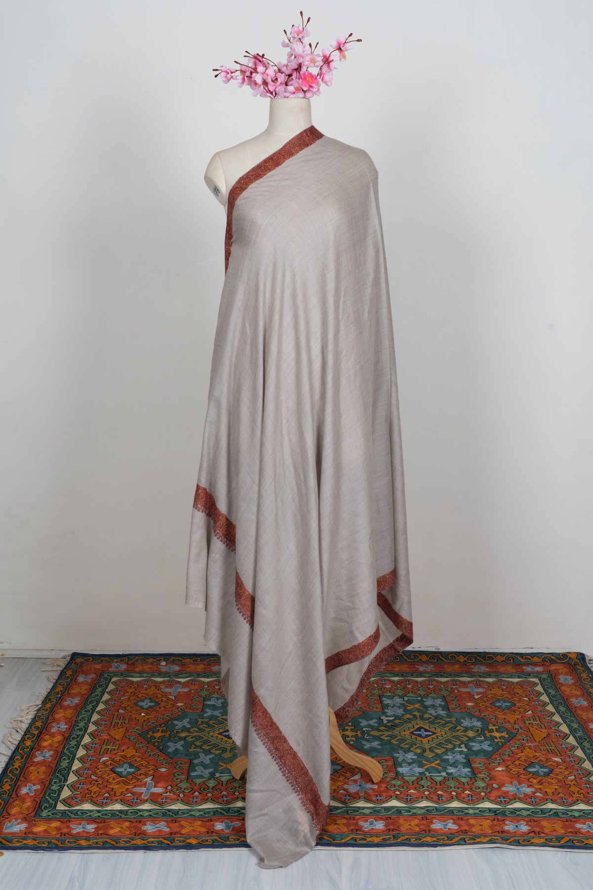 Classic Sand Ember Merino wool 2.5 Yards Sozni Hand Embroidered Shawl