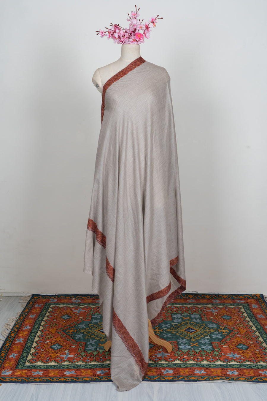 Classic Sand Ember Merino wool 2.5 Yards Sozni Hand Embroidered Shawl