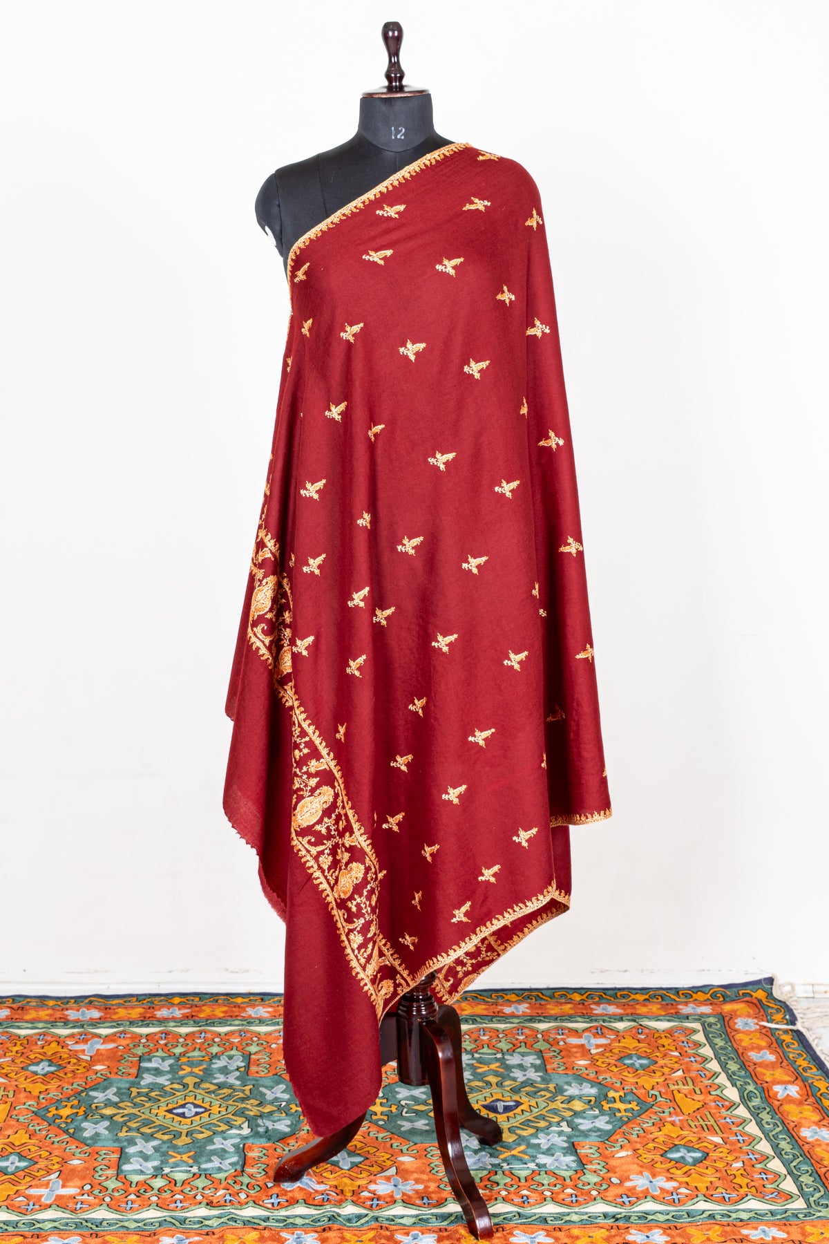 Royal Garnet Fine Merino Wool Shawl with Golden Sozni Hand Embroidered Floral Accents