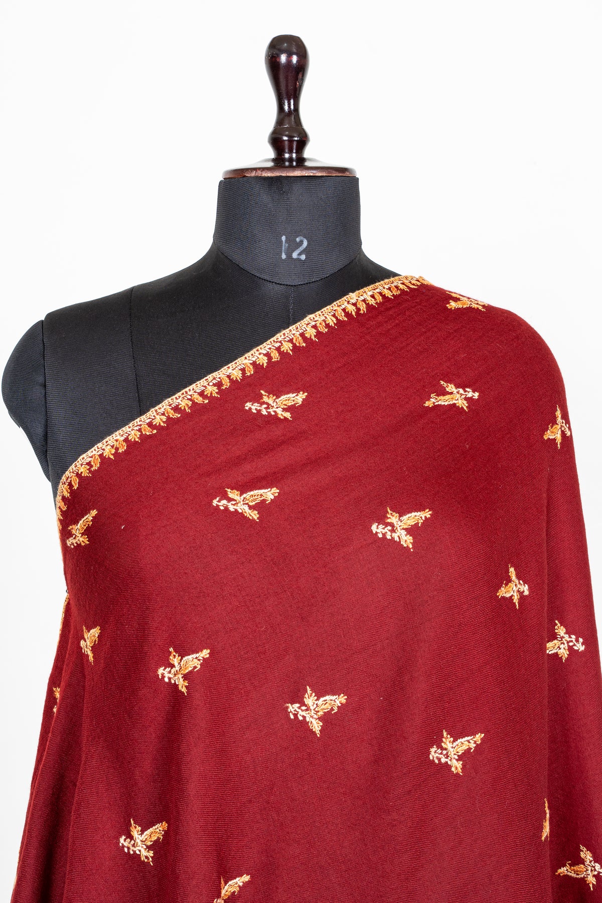 Royal Garnet Fine Merino Wool Shawl with Golden Sozni Hand Embroidered Floral Accents