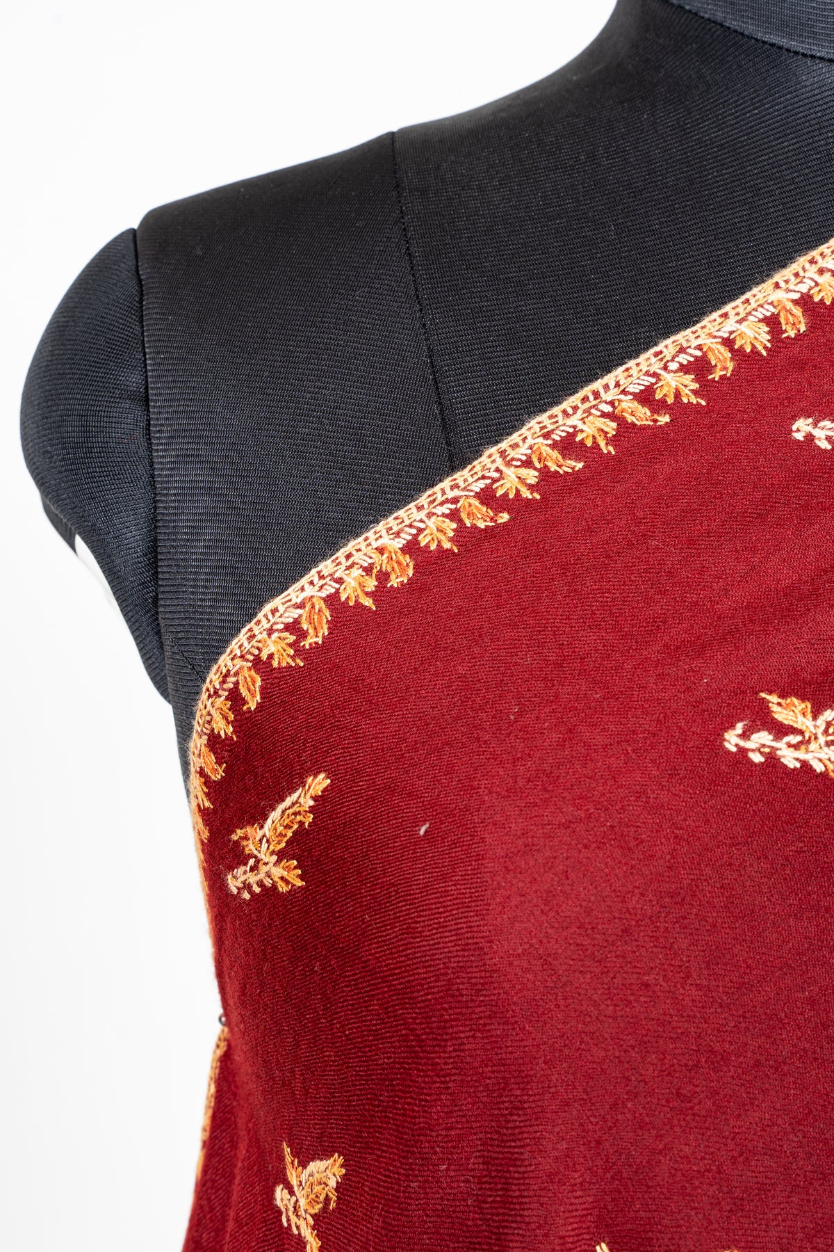 Royal Garnet Fine Merino Wool Shawl with Golden Sozni Hand Embroidered Floral Accents