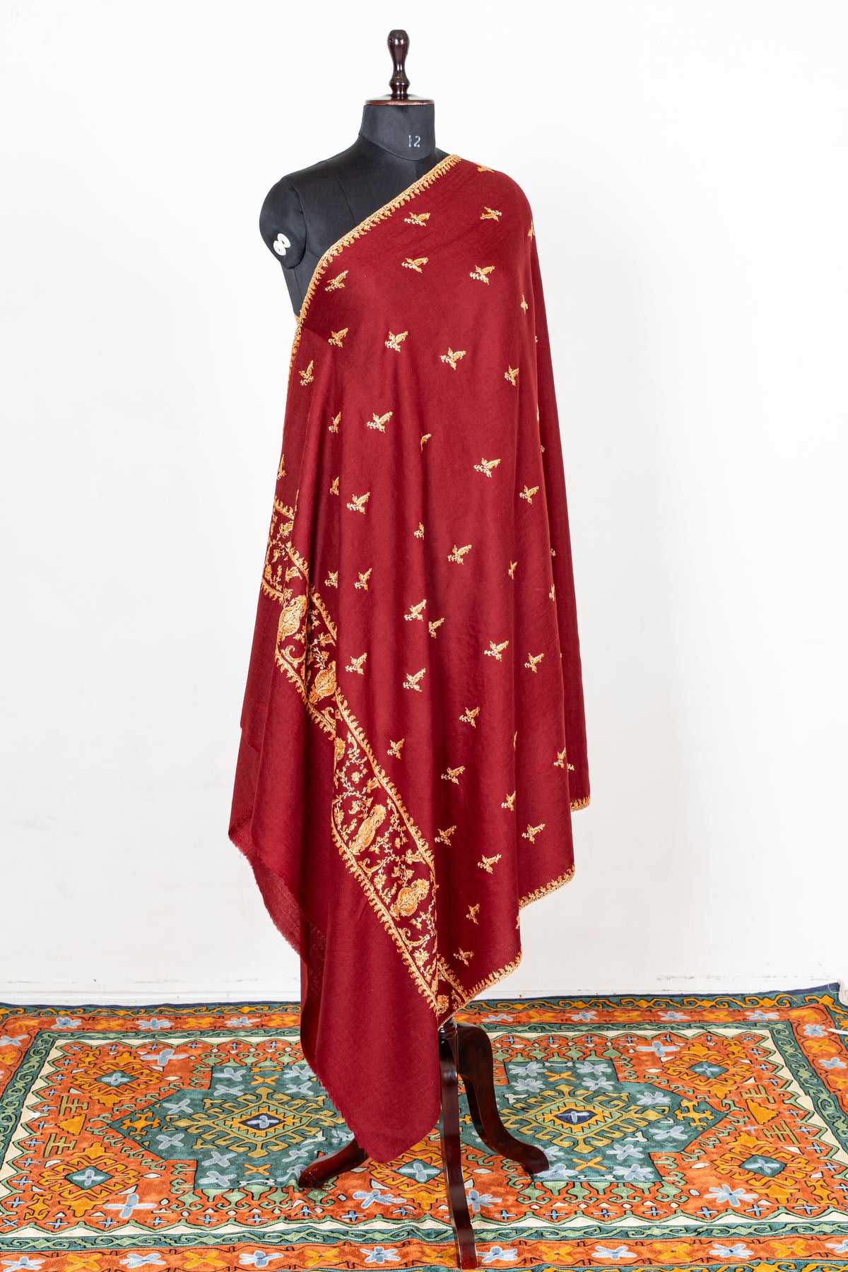 Royal Garnet Fine Merino Wool Shawl with Golden Sozni Hand Embroidered Floral Accents