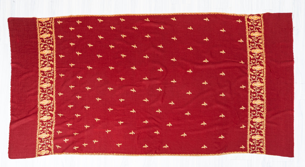 Royal Garnet Fine Merino Wool Shawl with Golden Sozni Hand Embroidered Floral Accents