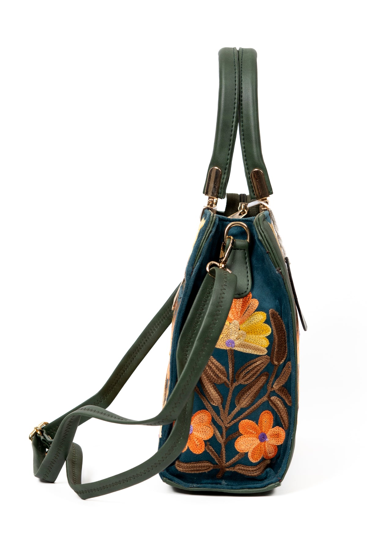 Side view of a dark green handbag showing Aari flowers, brown leafy vines and an attached long shoulder strap