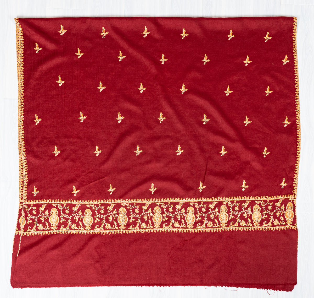 Royal Garnet Fine Merino Wool Shawl with Golden Sozni Hand Embroidered Floral Accents