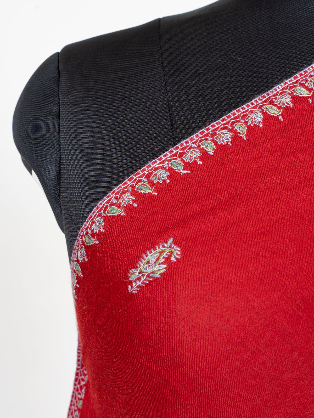 Scarlet Silver Grace Fine Merino Wool Shawl with Sozni Hand Embroidered Floral Borders