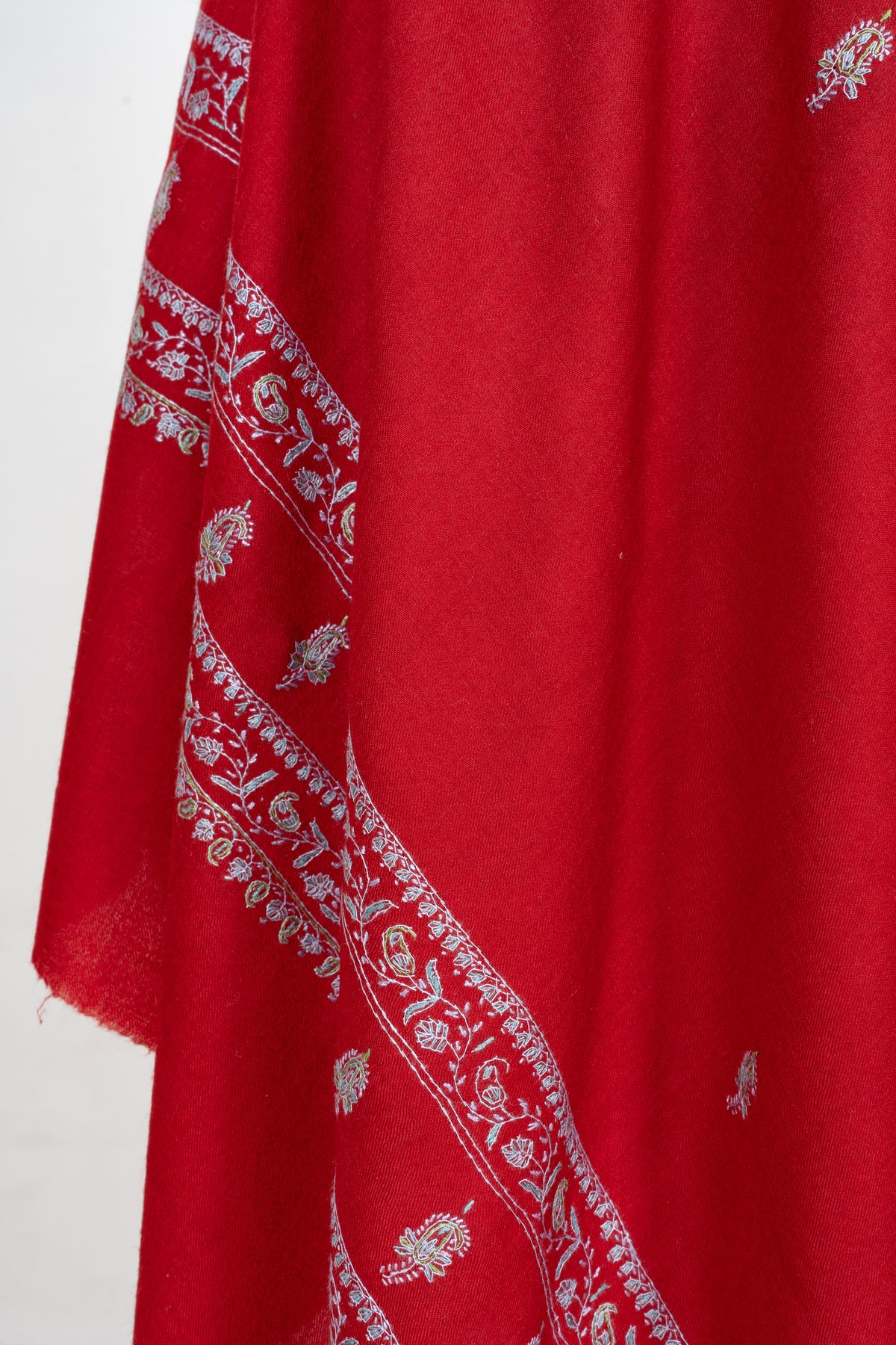 Scarlet Silver Grace Fine Merino Wool Shawl with Sozni Hand Embroidered Floral Borders