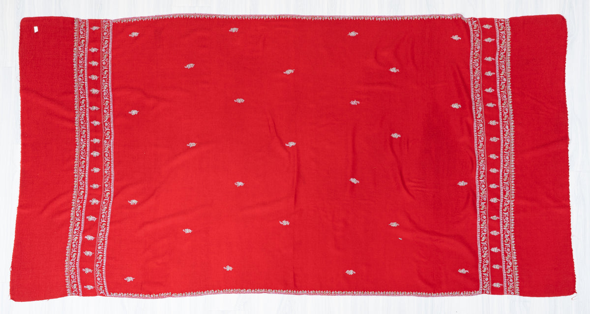 Scarlet Silver Grace Fine Merino Wool Shawl with Sozni Hand Embroidered Floral Borders