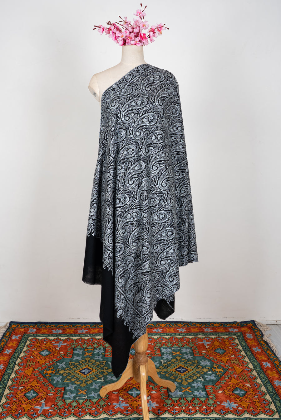 Noir Paisley Symphony: Pure Pashmina Hand Embroidered Shawl