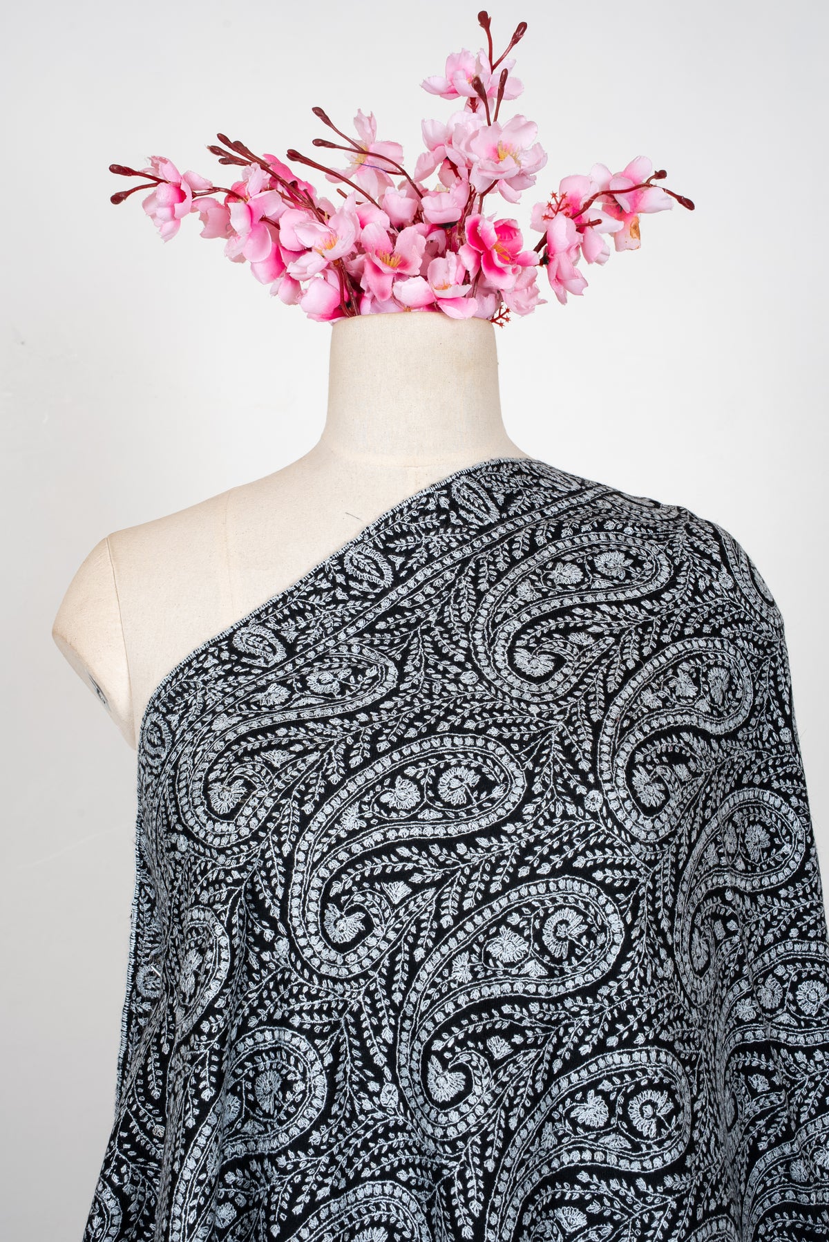 Noir Paisley Symphony: Pure Pashmina Hand Embroidered Shawl