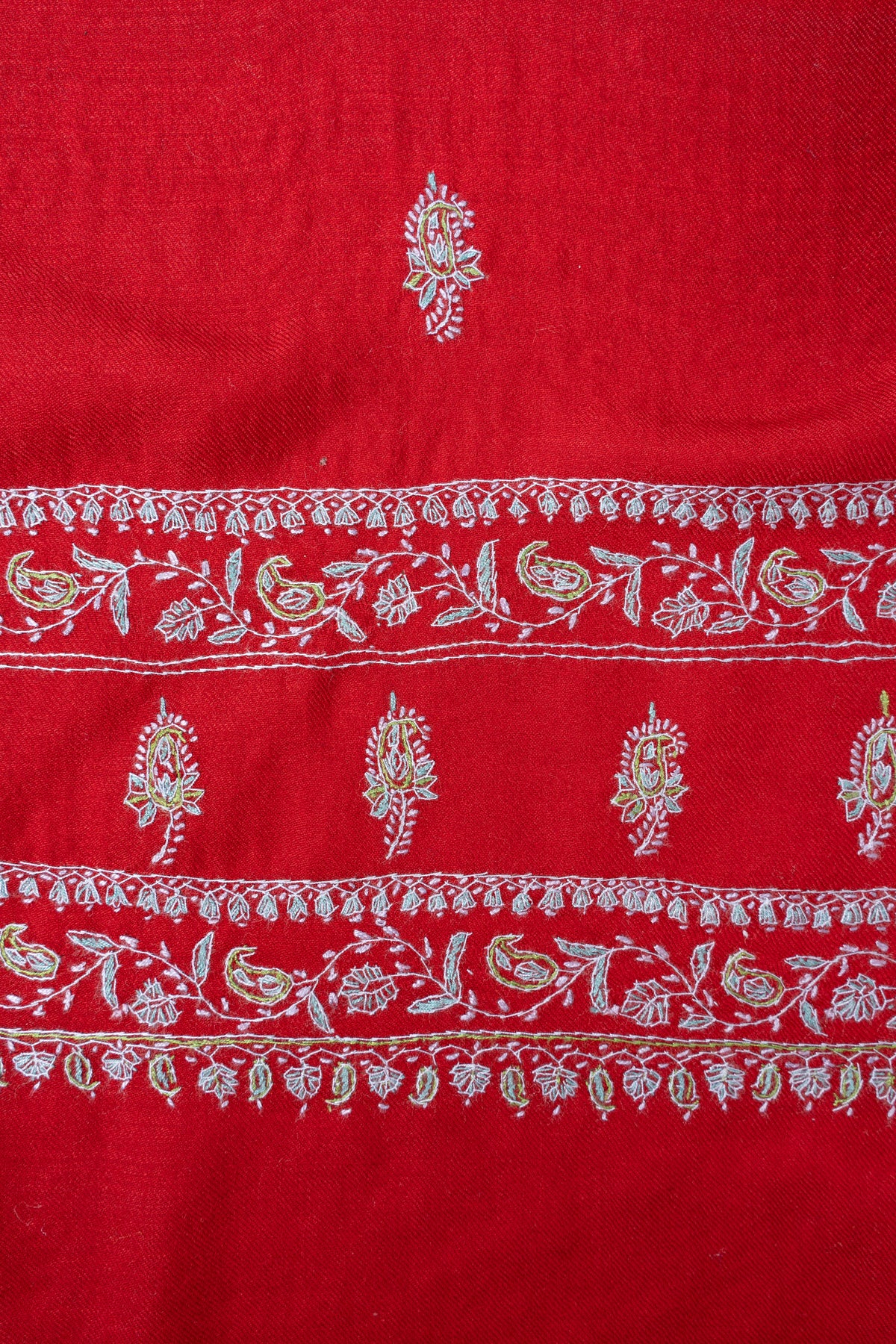 Scarlet Silver Grace Fine Merino Wool Shawl with Sozni Hand Embroidered Floral Borders