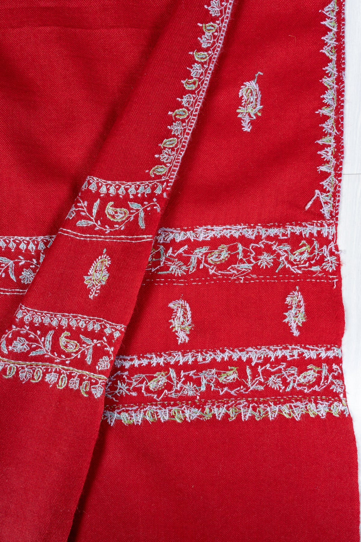 Scarlet Silver Grace Fine Merino Wool Shawl with Sozni Hand Embroidered Floral Borders