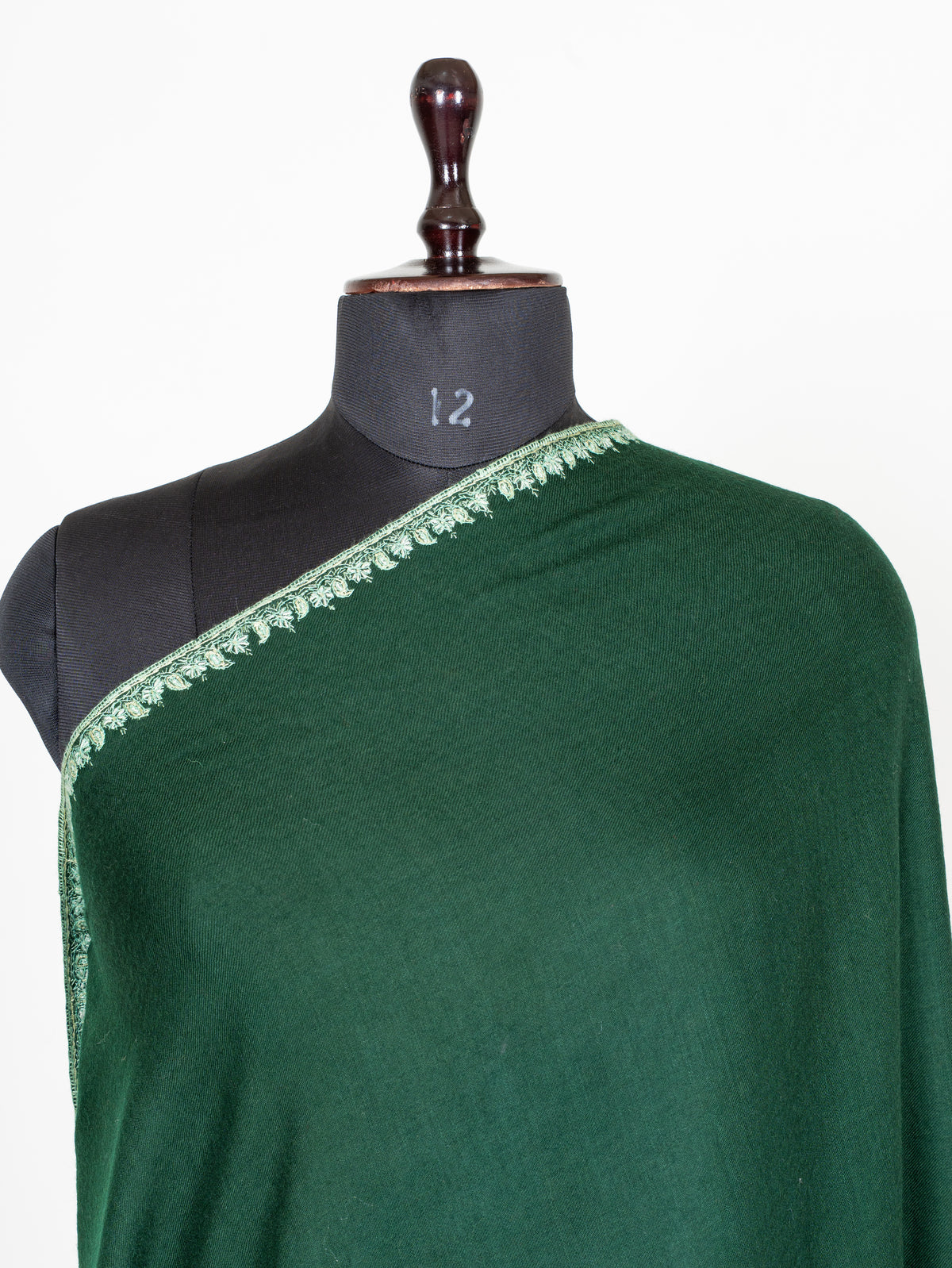 Emerald Heritage Fine Merino Wool Shawl with Ivory Sozni Hand Embroidered Borders