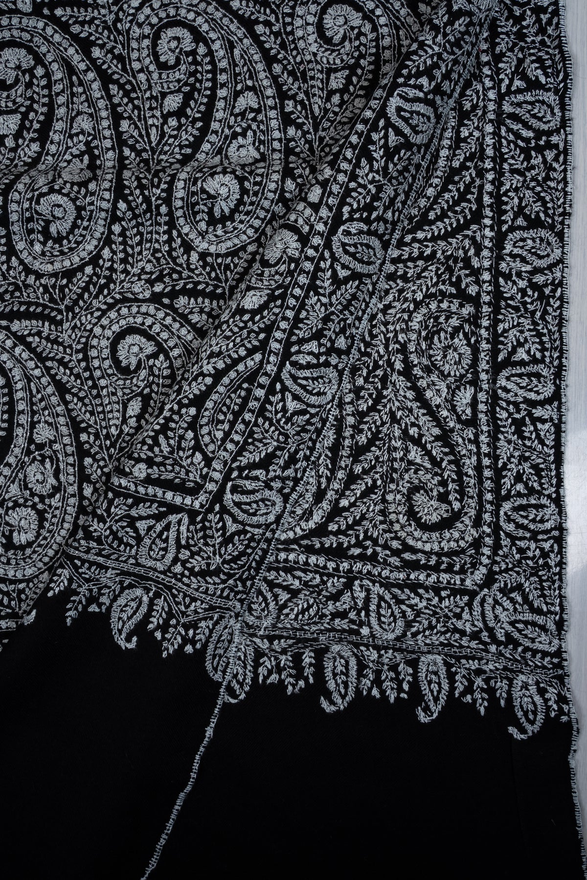 Noir Paisley Symphony: Pure Pashmina Hand Embroidered Shawl
