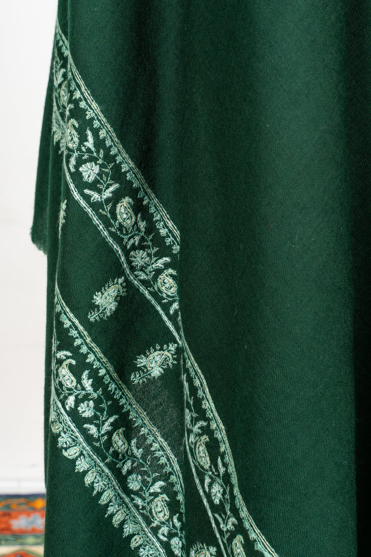 Emerald Heritage Fine Merino Wool Shawl with Ivory Sozni Hand Embroidered Borders