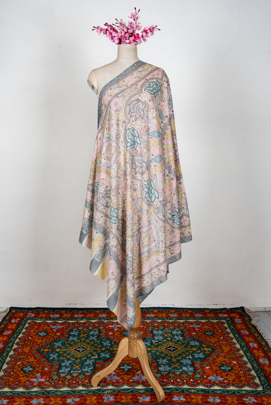 Pastel Meadow Elegance: Pure Pashmina Kalamkari Hand Embroidered Shawl
