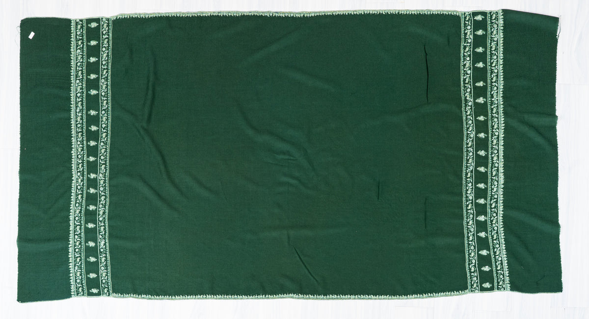 Emerald Heritage Fine Merino Wool Shawl with Ivory Sozni Hand Embroidered Borders