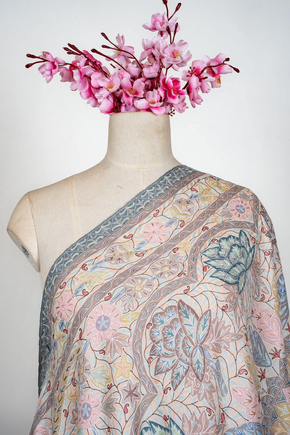 Pastel Meadow Elegance: Pure Pashmina Kalamkari Hand Embroidered Shawl