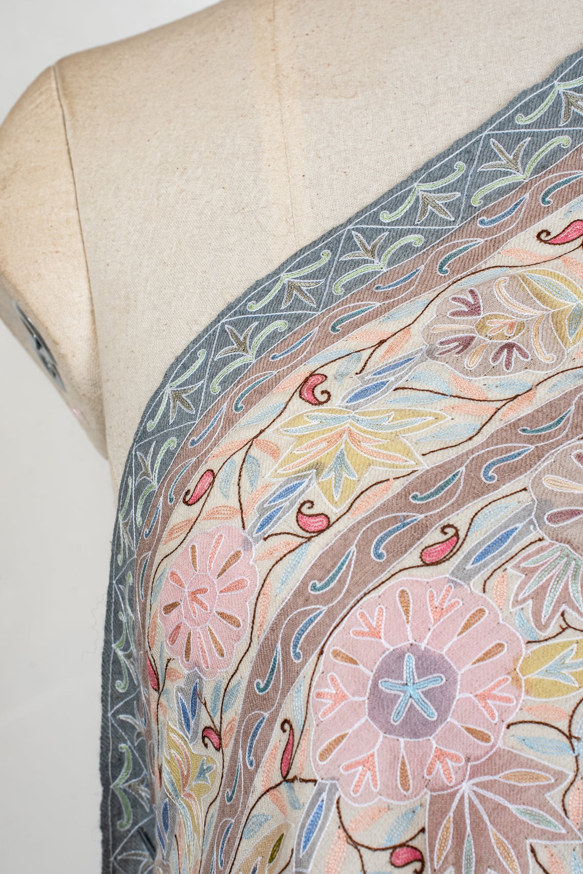 Pastel Meadow Elegance: Pure Pashmina Kalamkari Hand Embroidered Shawl