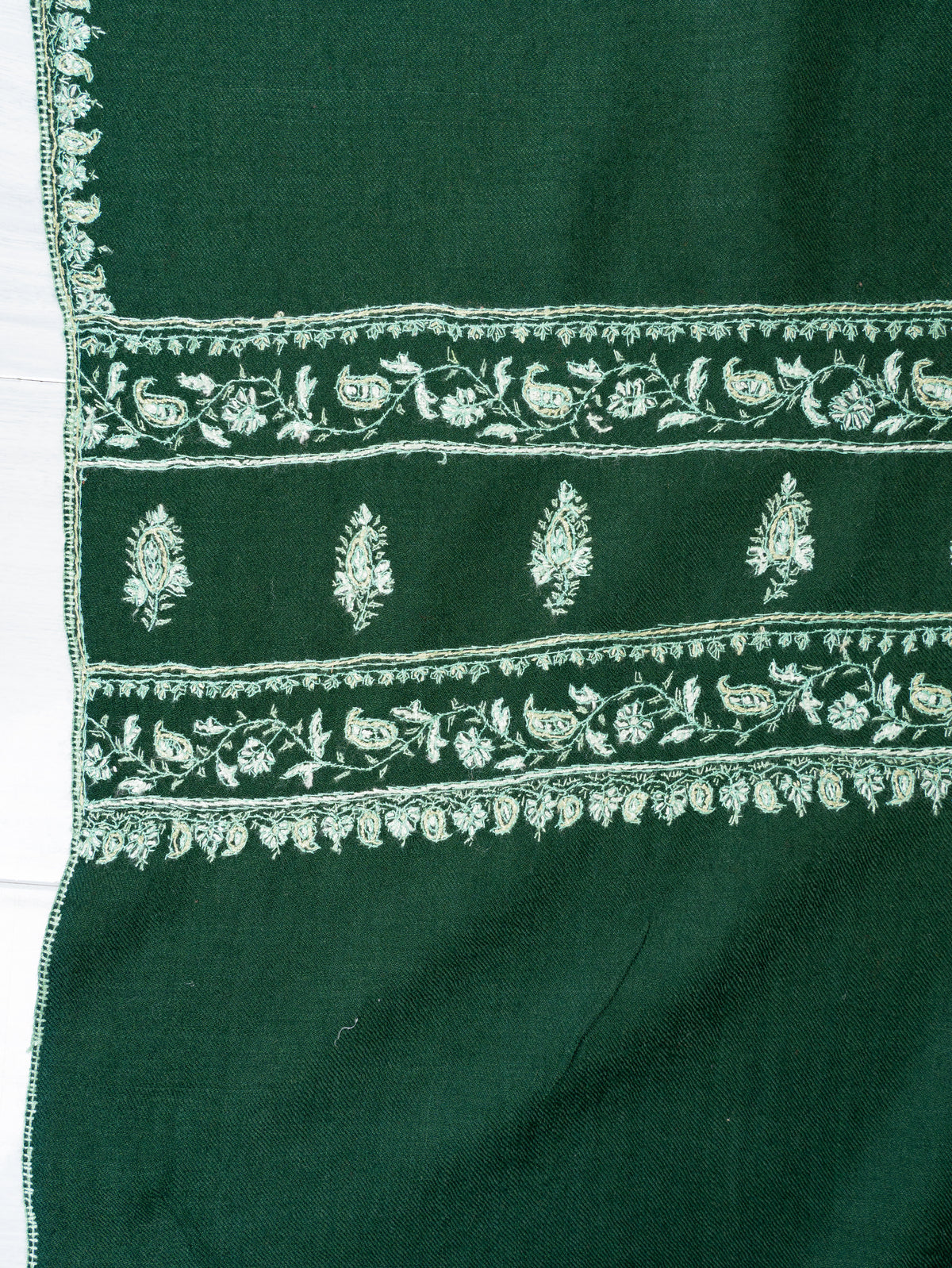 Emerald Heritage Fine Merino Wool Shawl with Ivory Sozni Hand Embroidered Borders